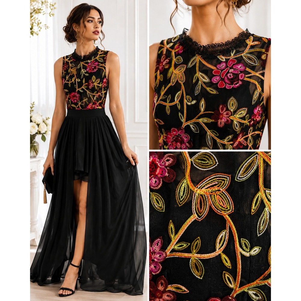 the clothing company Black Embroidered Floral Jumpsuit with Pink & Gold Accents